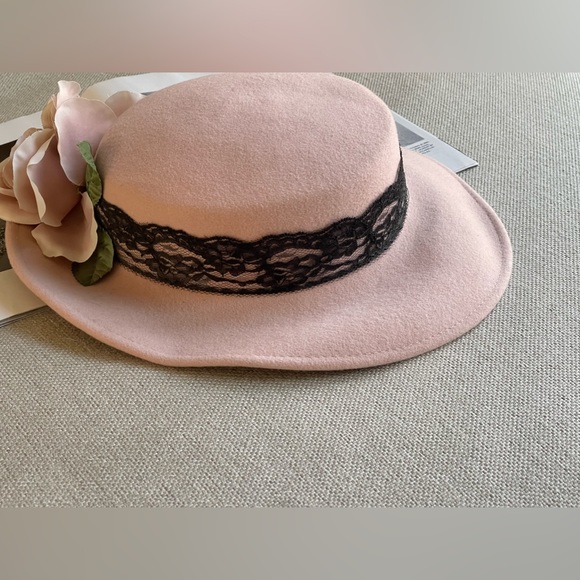 Elegant 100% Wool Wide Brim / Rose / Lace Hat In Dusty Rose-Royal/Derby/Church - Picture 5 of 14